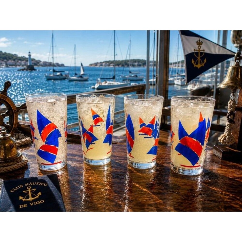 Vintage 1970s Italian Nautical Sailboat Glass set of 4 Red Blue Coastal Barware